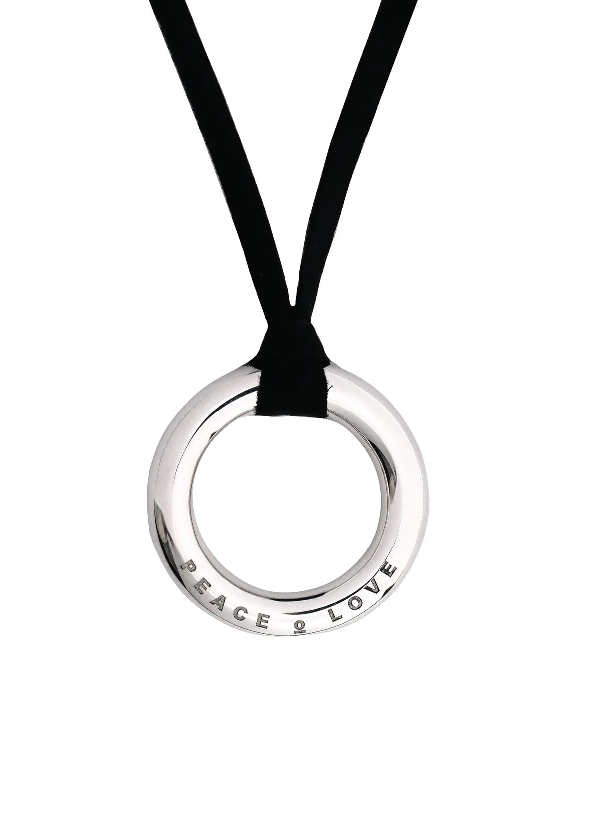 Halsband med ring som har graverad text Peace & Love. 